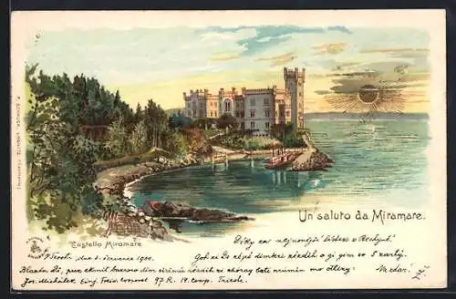 Lithographie Trieste, Schloss Miramare