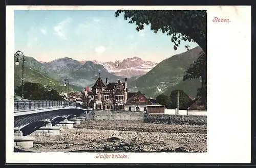 AK Bozen, Talferbrücke mit Bergpanorama