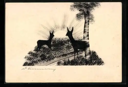 Künstler-AK Handgemalt: Rehe im Sonnenaufgang