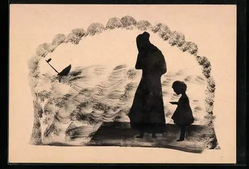 Künstler-AK Handgemalt: Mann und Kind betrachten untergehendes Schiff