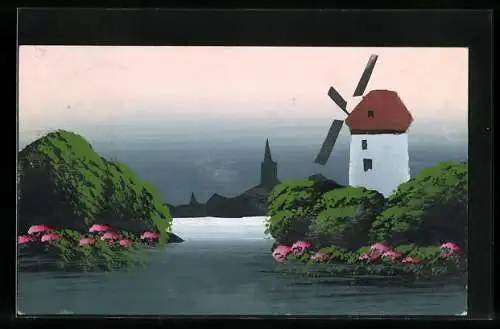 Künstler-AK Handgemalt: Windmühle am Ufer