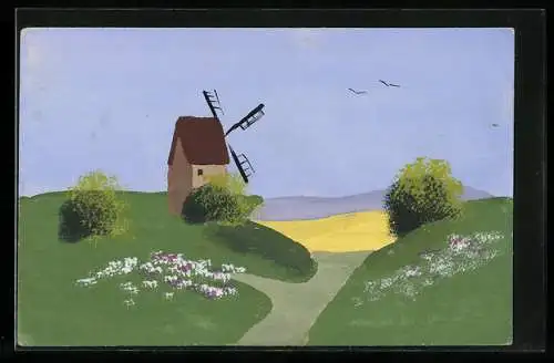 Künstler-AK Handgemalt: Windmühle an einem Feldweg