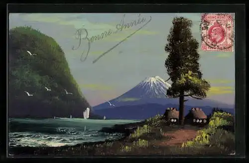 Künstler-AK Handgemalt: Uferpartie in japanischer Landschaft