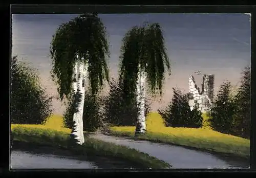 Künstler-AK Handgemalt: Birken und Burgruine