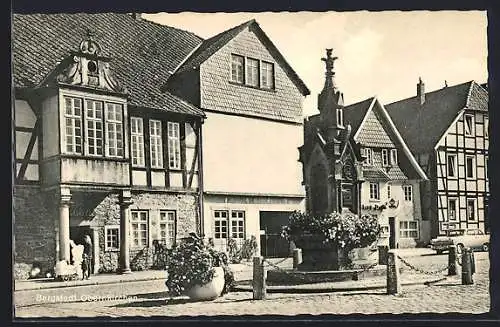 AK Obernkirchen, alte Fachwerhäuse und Monument