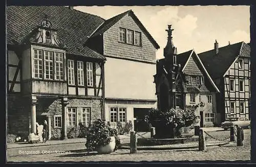 AK Obernkirchen, alte Fachwerhäuse und Monument