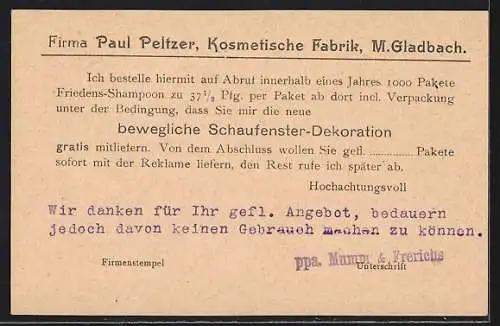 AK Mönchengladbach, Geschaftliche Karte der Firma Paul Peltzer, Kosmetische Fabrik