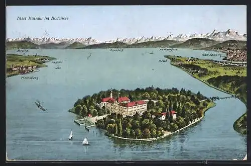 AK Insel Mainau im Bodensee, Insel und die umliegenden Orte Konstanz, Meersburg, Bregenz