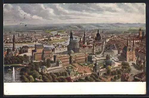 Künstler-AK Dresden, Stadtgansicht aus der Vogelperspektive, Blick zur Elbe