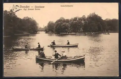 AK Dresden, Carolasee mit Ruderbooten, Carola-Schlösschen im Hintergrund