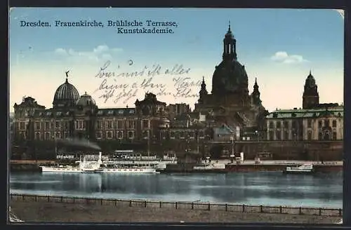 AK Dresden, Frauenkirche, Brühlsche Terrasse und Kunstakademie