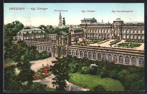 AK Dresden, Königlicher Zwinger, Fernheizwerk, Königliche Hofoper und Königliche Gemäldegalerie