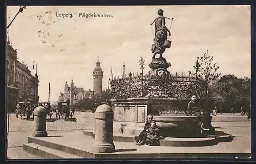 AK Leipzig, Strassenpartie am Mägdebrunnen