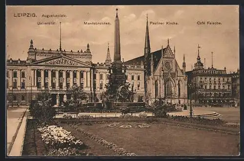 AK Leipzig, Augustusplatz mit Universität, Mendebrunnen, Pauliner Kirche, Café Felsche