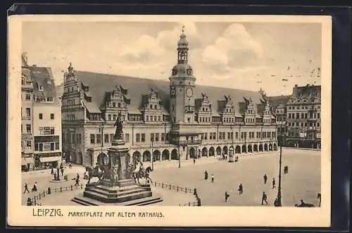 AK Leipzig, Marktplatz mit Altem Rathaus und Denkmal