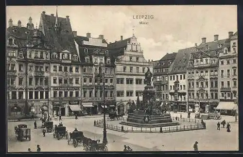 AK Leipzig, Markt mit Geschäften und Denkmal