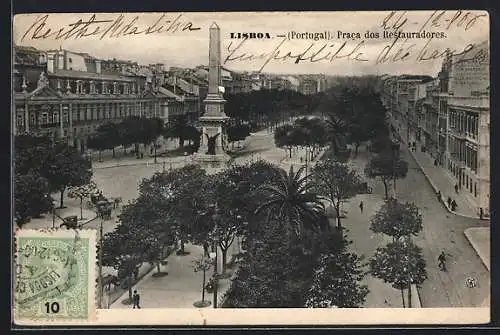 AK Lissabon, Praca dos Restauradores, Denkmal und Allee