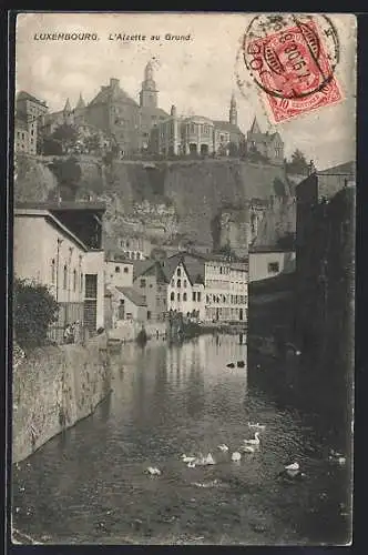 AK Luxemburg, L`Alzette au Grund, Gänse auf dem Fluss unterhalb der Stadt