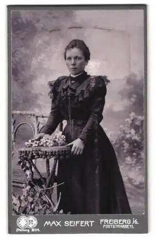 Fotografie Max Seifert, Freiberg i. S., Poststrasse 11, Frau in elegantem Kleid vor dekorativer Kulisse