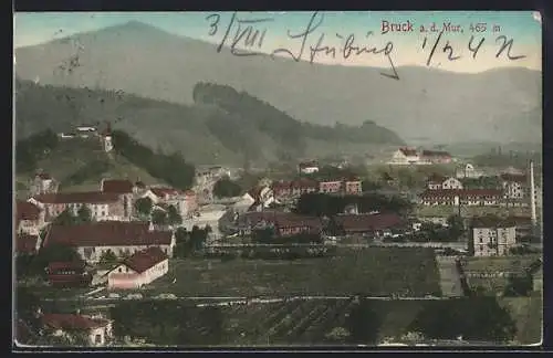 AK Bruck a. d. Mur, Teilansicht mit Bergen