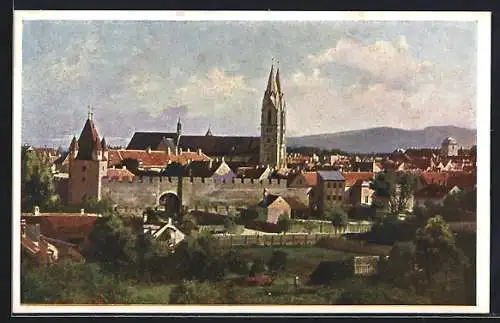 Künstler-AK Wiener-Neustadt, Teilansicht mit Kirche