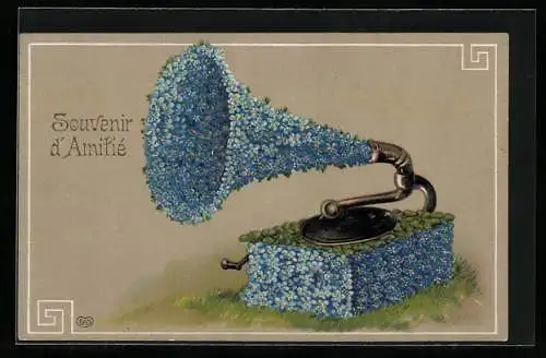 AK Grammophon aus Vergissmeinnicht, Blumenbild, Neujahr