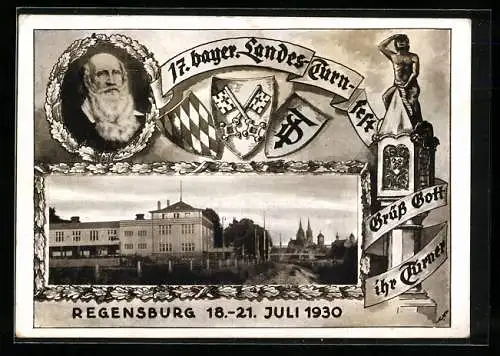 AK Regensburg, 17. bayer. Landesturnfest 1930, Wappen und Turnhalle