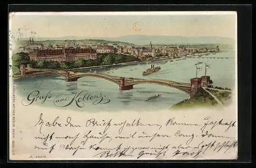 Lithographie Koblenz, Panoramablick über den Fluss unterm Sichelmond, Halt gegen das Licht