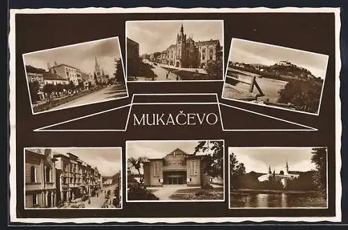 AK Mukacevo, Rathaus, Strassenpartie und Blick übers Wasser