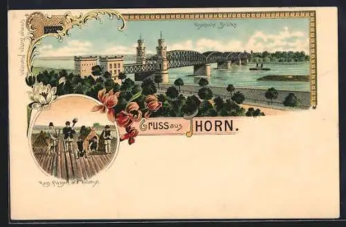 Lithographie Thorn, Eisenbahnbrücke, Russische Flösser auf der Weichsel