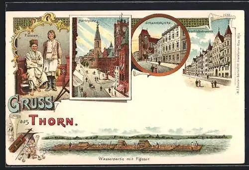 Lithographie Thorn, Marktplatz, Johanniskirche, Friedrichstrasse, Flösser