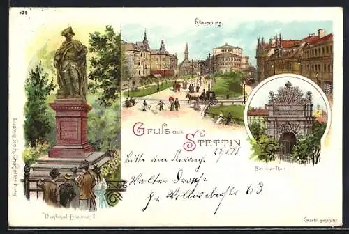 Lithographie Stettin, Königsplatz, Berliner Tor, Denkmal Friedrich II.