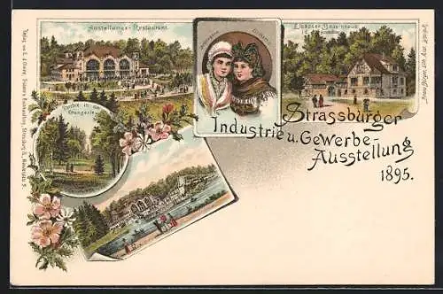 Lithographie Strassburg, Industrie- & Gewerbe-Ausstellung 1895, Ausstellungs-Restaurant, Orangerie, Elsässer Bauernhaus