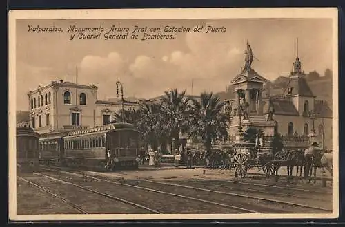 AK Valparaiso, Monumento Arturo Prat con Estation del Puerto y Cuartel General de Bomberos