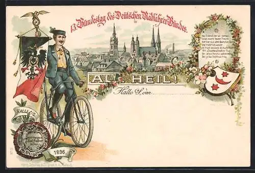 Lithographie Halle / Saale, 13. Bundestag des Deutschen Radfahrer-Bundes 1896