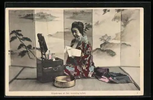 AK O-koto-san at her morning toilet, Geisha