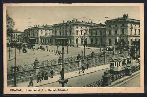 AK Krakau-Krakow, Hauptbahnhof und Bahnhofstrasse