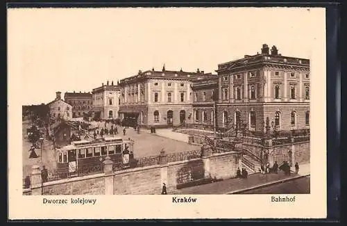 AK Krakow, Bahnhof mit Strassenbahn