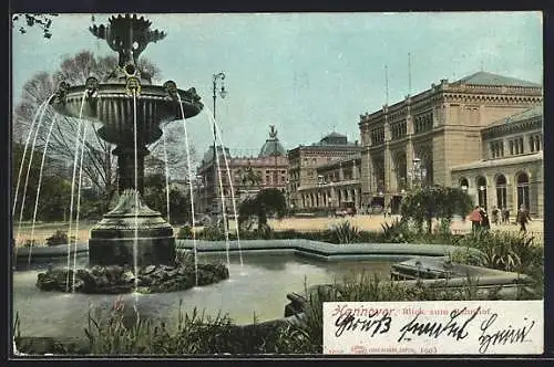 AK Hannover, Blick zum Bahnhof mit Brunnen