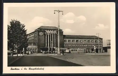 AK Zwickau, Hauptbahnhof mit Strassenbahnstation