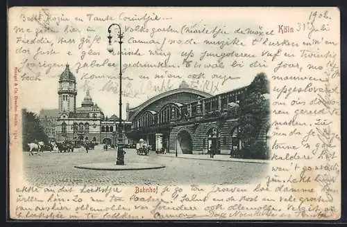 AK Köln, Bahnhof mit Vorplatz, Litfasssäule