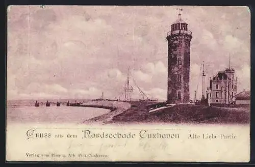 AK Cuxhaven, Nordseebad, Alte Liebe Partie mit Leuchtturm