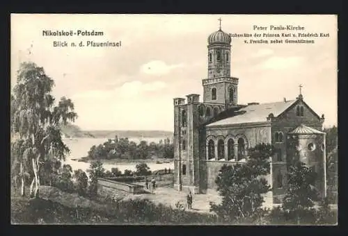 AK Potsdam, Nikolsköe, Blick nach d.Pfaueninsel, Peter Pauls-Kirche