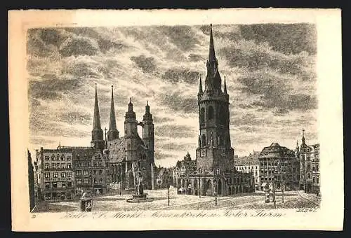 Künstler-AK Halle a. S., Markt, Marienkirche und Roter Turm