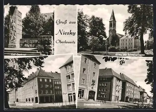 AK Niesky /Oberlausitz, Zinzendorfplatz, OdF-Denkmal, Kirche, HO