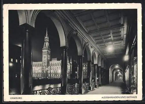 AK Hamburg, Blick auf das Rathaus durch die Alsterarkaden