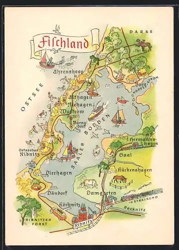 AK Born / Darss, Landkarte vom Fischland Darss und Umgebung