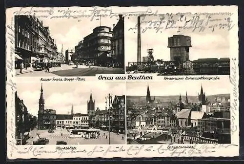 AK Beuthen, Kaiser Franz Joseph-Platz, Marktplatz und Förderturm Hohenzollerngrube