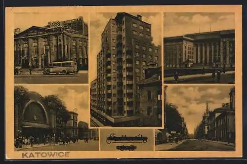 AK Kattowitz, Strasse, Bahnhof und Hochhaus