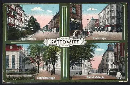 AK Kattowitz, Poststrasse, Bahnhofstrasse